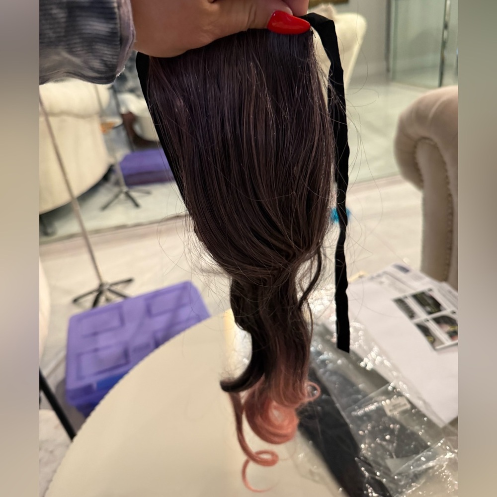 Ombré Dark Brown to Pink Hair Extension Ponytail Clip in New 20”